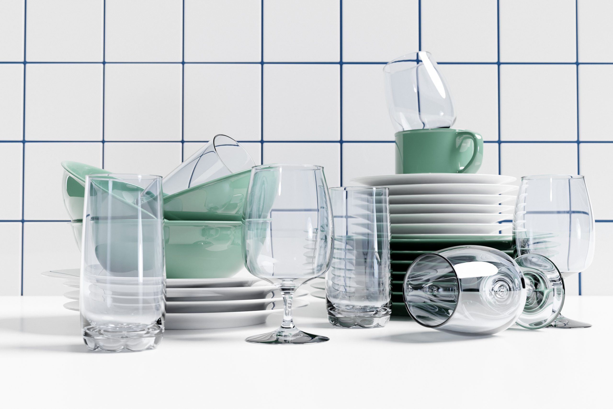Set of clean plates, glasses, glasses. 3d illustration. Realistic crockery, folded kitchen utensils. A stack of ceramic dishes.
